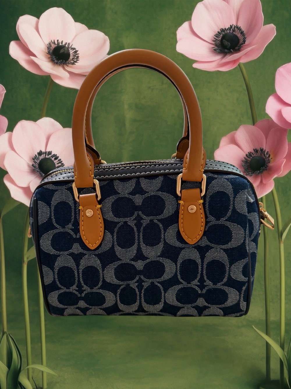 COACH Denim Signature Floral Appliqué Mini Satchel with Tan Handles - Picture 5 of 10